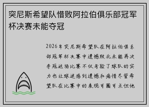 突尼斯希望队惜败阿拉伯俱乐部冠军杯决赛未能夺冠