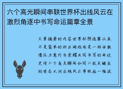六个高光瞬间串联世界杯出线风云在激烈角逐中书写命运篇章全景